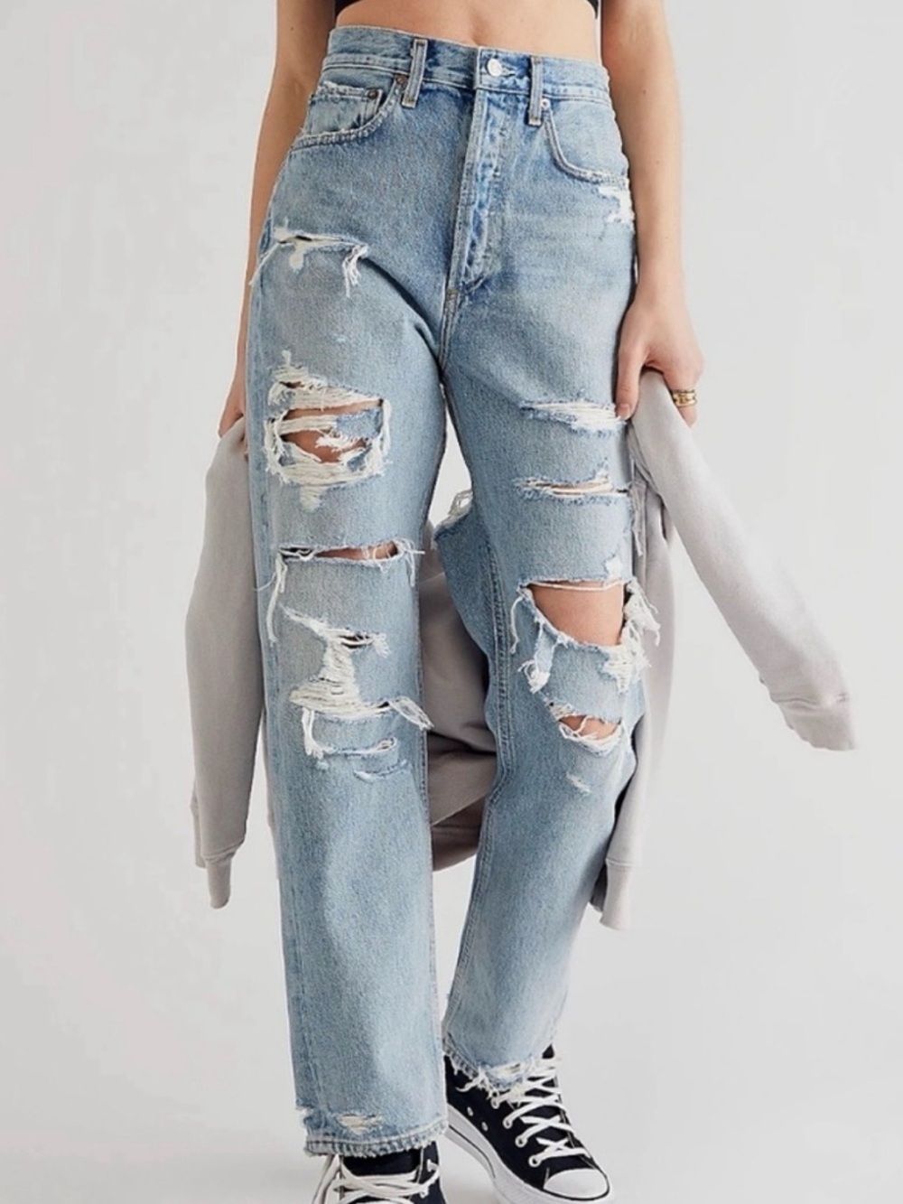 Agolde 90's Mid Rise Loose Jeans in Unhinged Light Wash Distressed Ripped Sz 33